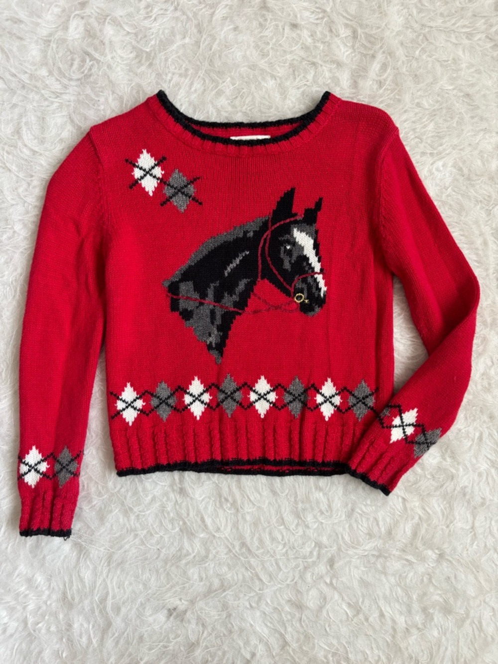 Hartstrings Girls Vintage Knit Red Horse Sweater